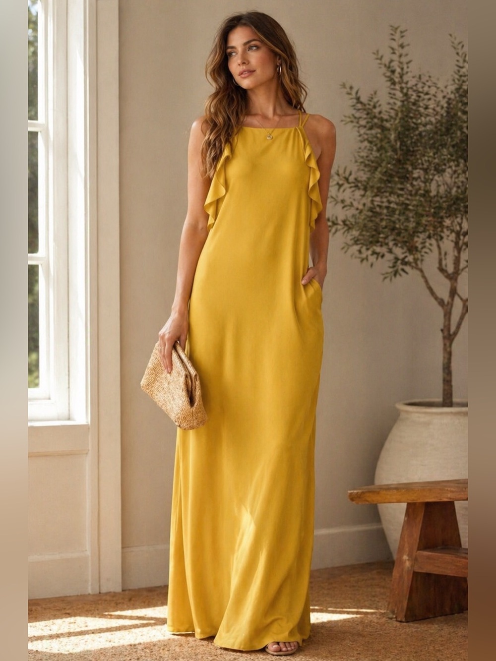 Forever 21 Contemporary Mustard Yellow Maxi Dress Ruffle Summer Wedding Guest